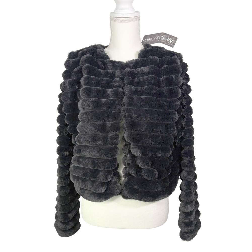 NWT Nina Leonard Faux Fur Jacket Shrug Women's S Black Bubble Ribbed Cropped